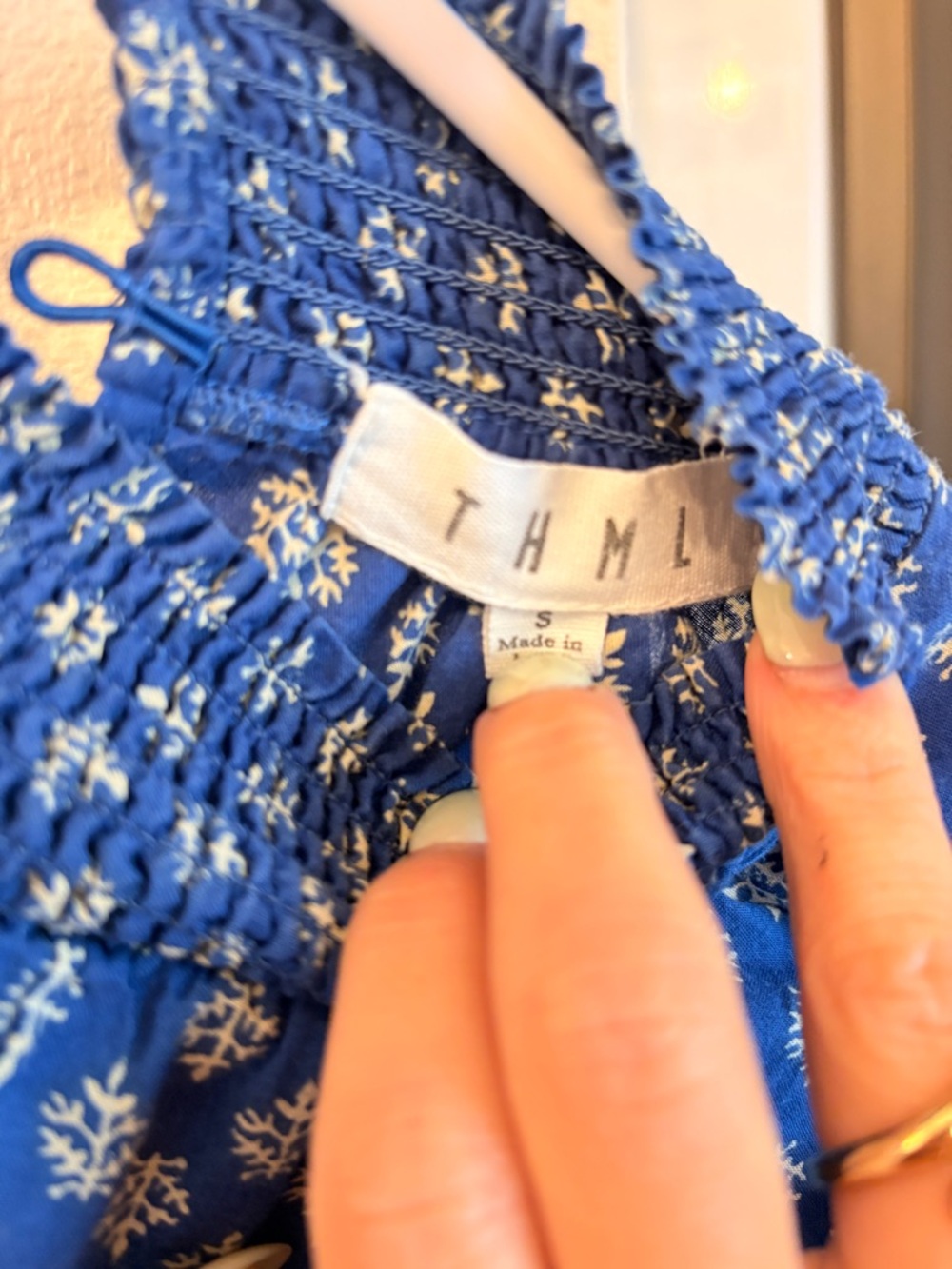 THML Royal Blue Embroidered Smocked-Neck Peasant Blouse - Picture 2 of 4